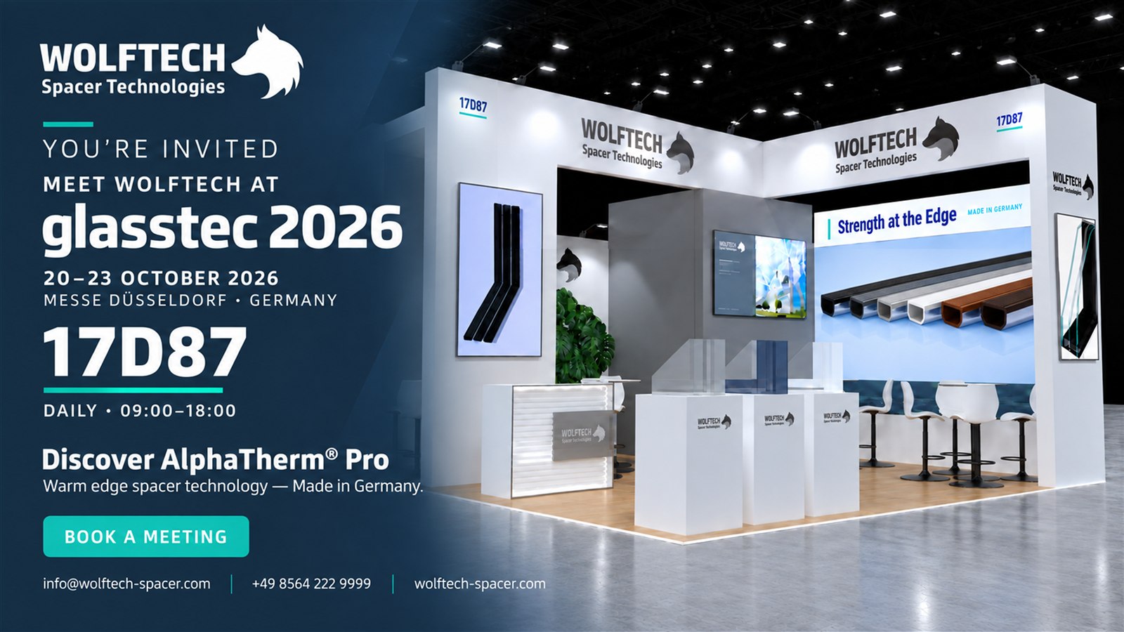 Invitation to meet WOLFTECH at glasstec 2026, stand 17D87, from 20 to 23 October 2026 at Messe Düsseldorf