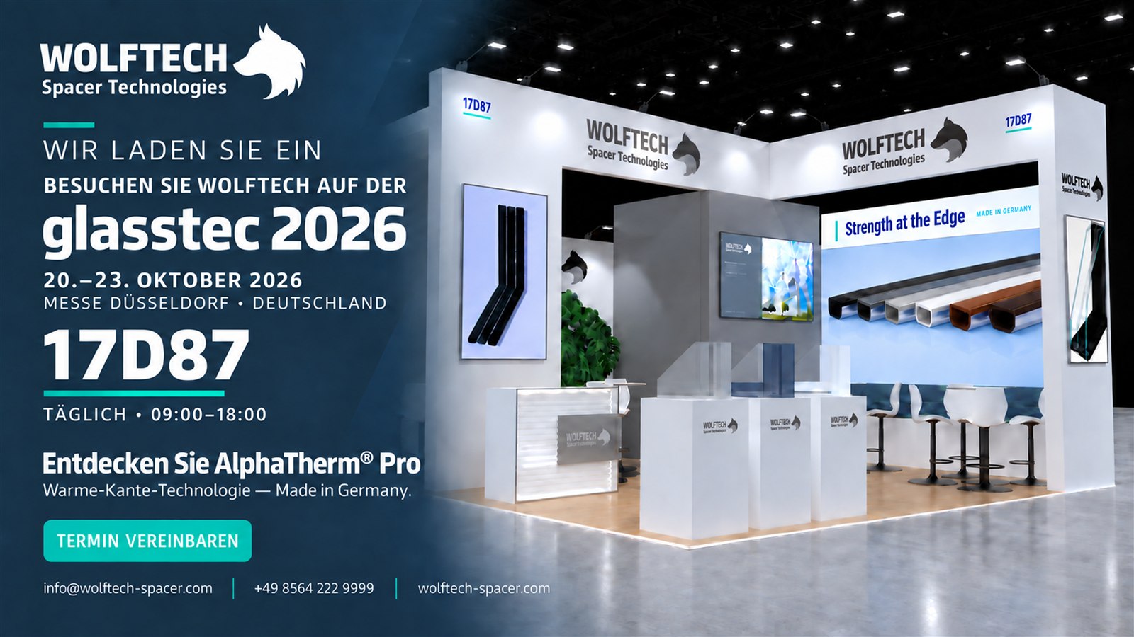Einladung zu WOLFTECH auf der glasstec 2026, Stand 17D87, vom 20. bis 23. Oktober 2026 in der Messe Düsseldorf