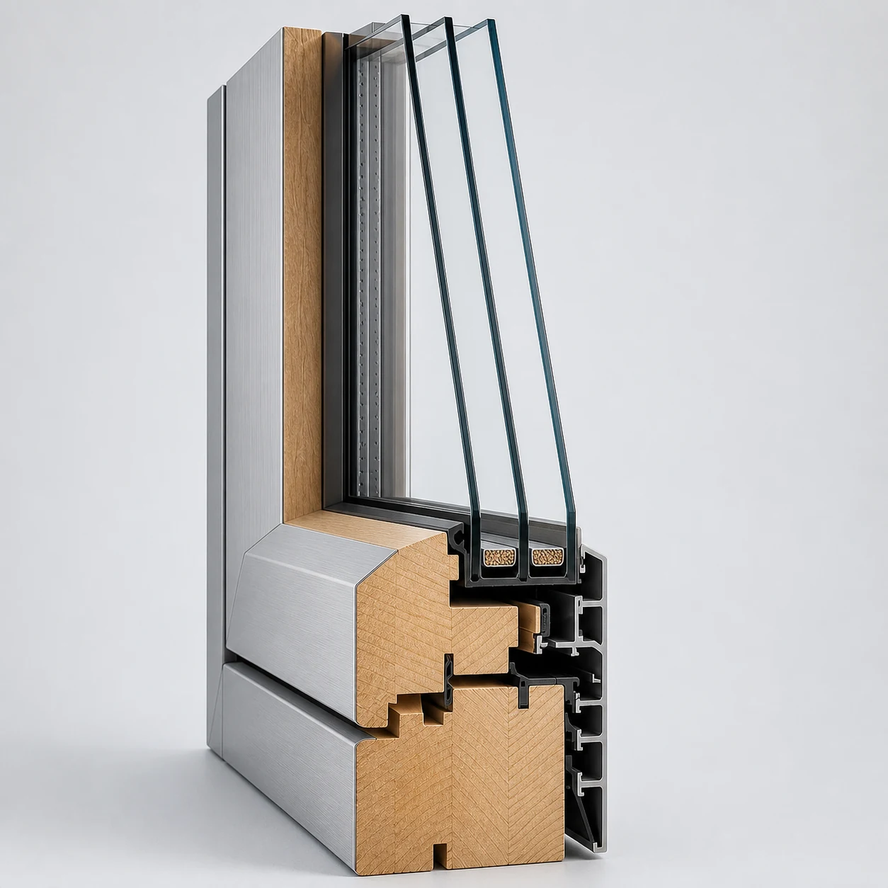Querschnitt eines Holz-Aluminium-Fensters mit Rahmen, Dreifachverglasung und Isolierglas-Randverbund